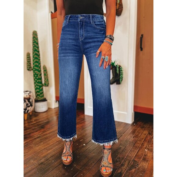 Womens High Waisted Flared Jeans Stretch Raw Hem Retro Wide Leg Pants - Picture 5 of 8